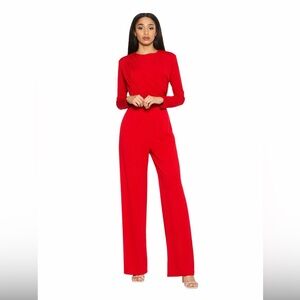Baddie Valentines date outfit red jumpsuit draped wide leg long sleeve L